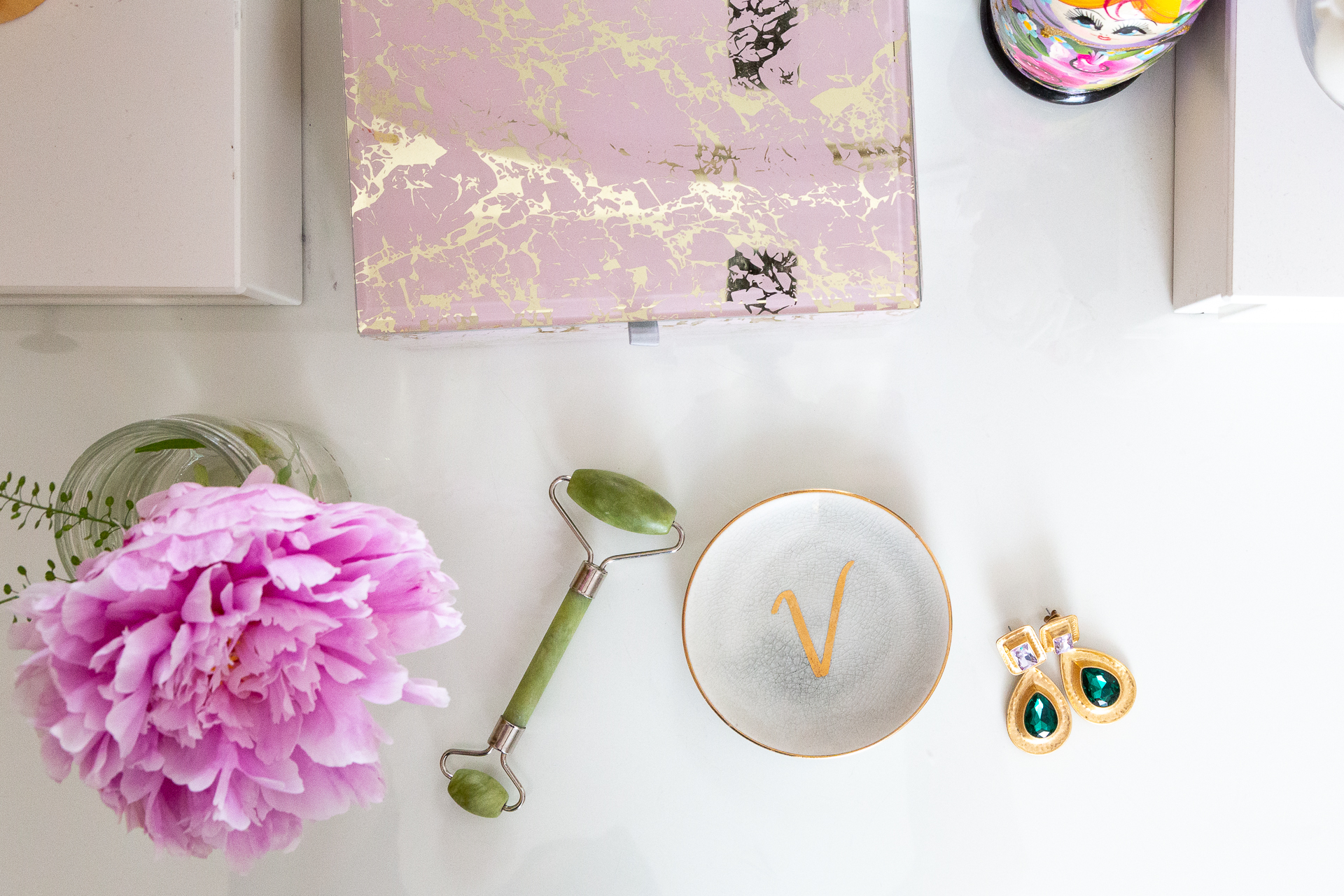 dressing table with jade facial roller